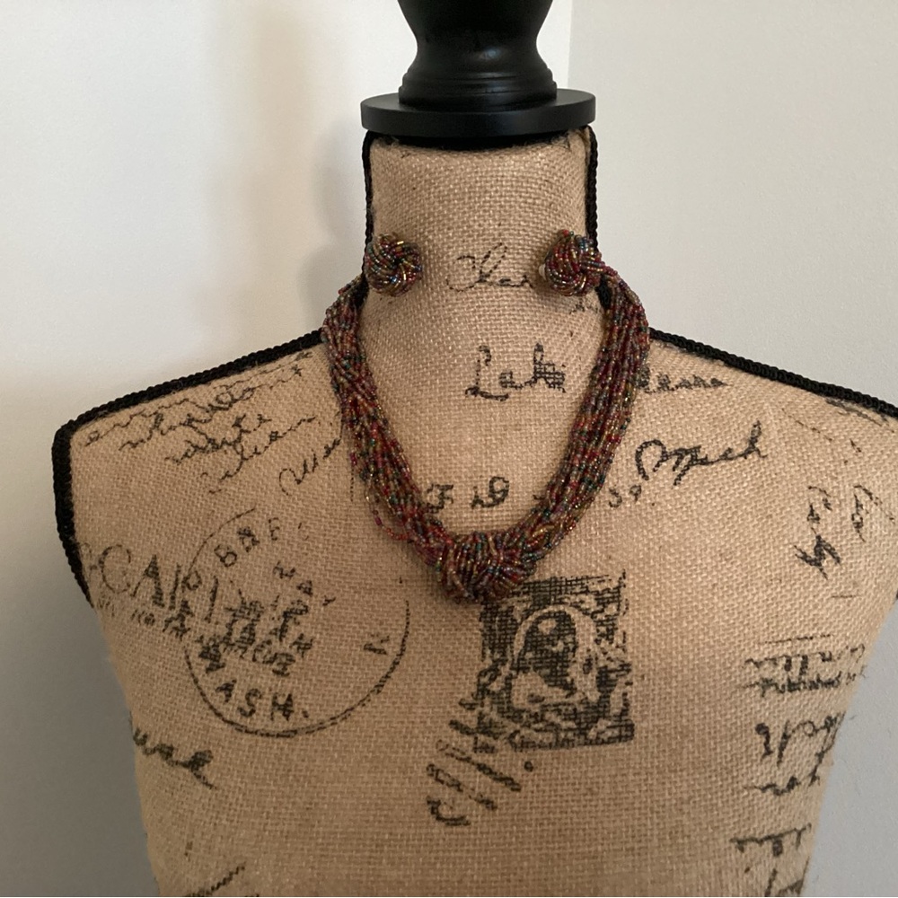 Two Pc. Beaded Jewelry From Macys. Multicolored Woven Necklace & Clip Earrings.